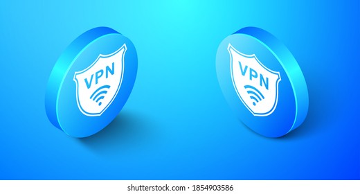 Isometric Shield with VPN and WiFi wireless internet network icon isolated on blue background. VPN protect safety. Virtual private network for security. Blue circle button. Vector.