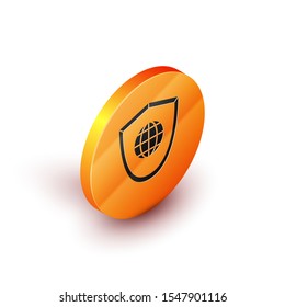 Isometric Shield with world globe icon isolated on white background. Security, safety, protection, privacy concept. Orange circle button. Vector Illustration