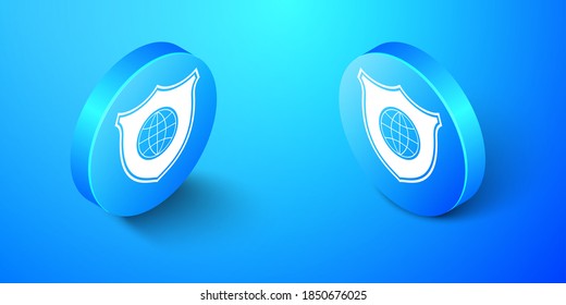 Isometric Shield with world globe icon isolated on blue background. Security, safety, protection, privacy concept. Blue circle button. Vector.