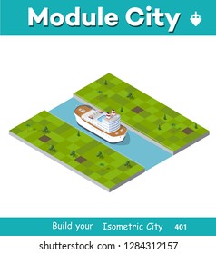 Isometric ship cargo container and tourist liner of the industrial port and tourist berths of boats with an illustration of the transport of goods and logistics industry.