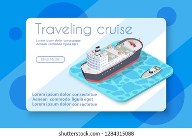 Contenedor de carga isométrico y transatlántico turístico del puerto industrial y atracaderos turísticos de embarcaciones con una ilustración del transporte de mercancías e industria logística.
