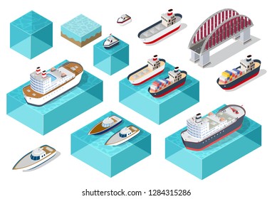 Isometric ship cargo container and tourist liner of the industrial port and tourist berths of boats with an illustration of the transport of goods and logistics industry.