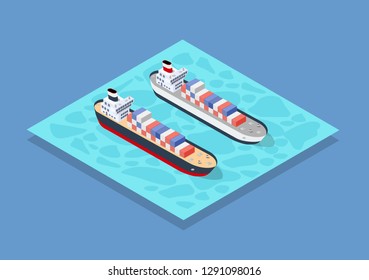 Isometric ship cargo container and tourist liner of the industrial port and tourist berths of boats with an illustration of the transport of goods and logistics industry.