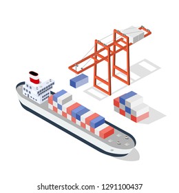 Isometric ship cargo container and tourist liner of the industrial port and tourist berths of boats with an illustration of the transport of goods and logistics industry.