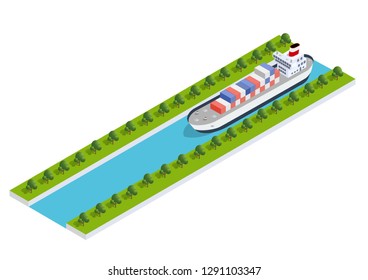 Isometric ship cargo container and tourist liner of the industrial port and tourist berths of boats with an illustration of the transport of goods and logistics industry.