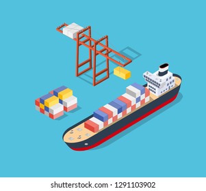 Isometric ship cargo container and tourist liner of the industrial port and tourist berths of boats with an illustration of the transport of goods and logistics industry.