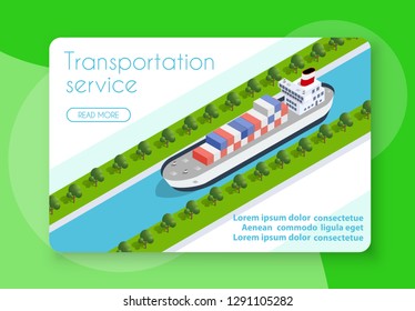Isometric ship cargo container and tourist liner of the industrial port and tourist berths of boats with an illustration of the transport of goods and logistics industry.