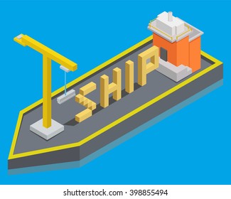 Isometric Ship with Crane. Isometric ship text. Vector Illustration