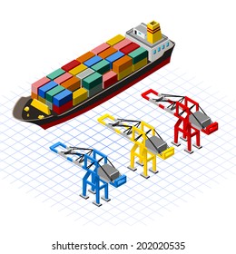 Isometric Ship with Cranes Vector Illustration