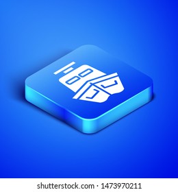 Isometric Ship icon isolated on blue background. Blue square button. Vector Illustration