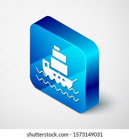 Isometric Ship icon isolated on white background. Blue square button. Vector Illustration