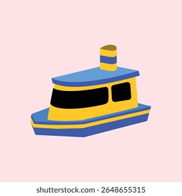 Isometric ship illustration with yellow and blue colors, black windows and chimneys, suitable for sea transportation, sailing, marine tourism and maritime world themes.