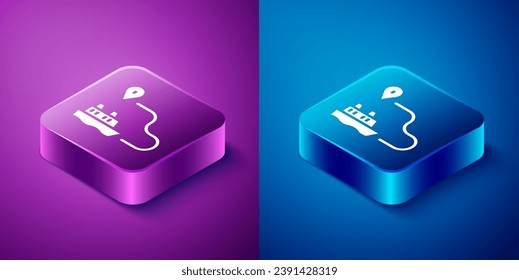 Isometric Ship line path of ship sea route with start point GPS and black line icon isolated on blue and purple background. Square button. Vector