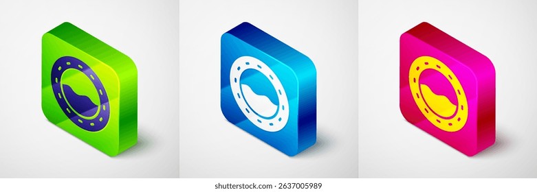 Isometric Ship porthole with rivets and seascape outside icon isolated on grey background. Square button. Vector
