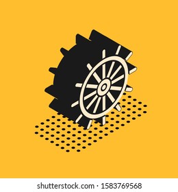 Isometric Ship steering wheel icon isolated on yellow background.  Vector Illustration