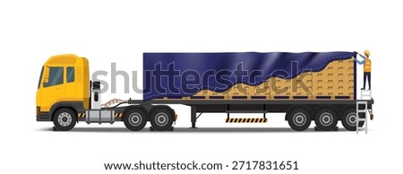 Isometric Shipping, Cargo transport. Big commercial semi-truck with trailer. Cargo Truck transportation, delivery, boxes. Delivery and shipping business cargo truck and logistic systems.