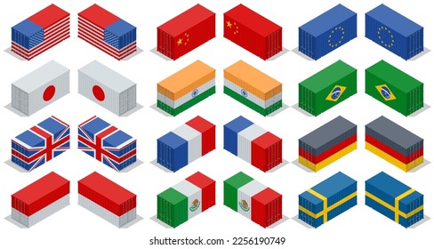 Contenedor de buques isométricos con pabellón de los Estados Unidos, India, Brasil, Reino Unido, Alemania, Corea del Sur, Argentina, México, Indonesia, Arabia Saudita