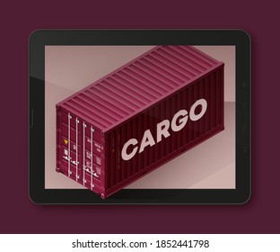 Contenedor de envío isométrico en la tableta de pantalla táctil. Compras en línea selecciona teléfono móvil, Pc, Monitor de ordenador y pantalla de ordenador portátil. Se exhiben contenedores de carga de bajo consumo. Ilustración vectorial 3D