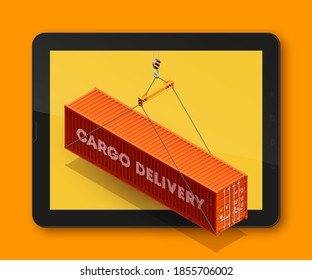 Isometrisches Versandbehältnis auf Touchscreen Tablette. Online-Shopping wählen Sie Mobiltelefon, PC, Computer-Monitor und Laptop-Bildschirm. Isometry Frachtcontainer auf dem Display. Vektorgrafik 3D