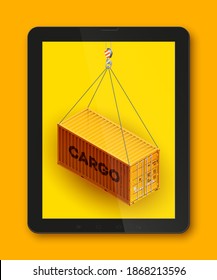 Isometric shipping container on touch screen tablet. Online Shopping select mobile phone, Pc, Computer Monitor and Laptop Screen. Isometry cargo containers on display. Vector 3D Illustration