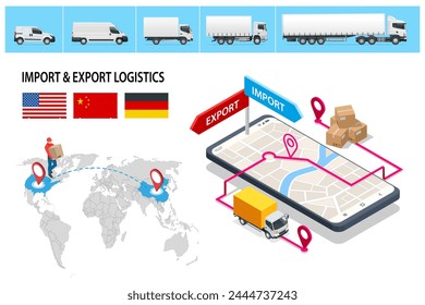 Isometric Shipping, Logistic Systems, Cargo transport. Cargo Truck transportation, delivery, boxes. Fast delivery or logistic transport. Delivery and shipping business cargo truck.