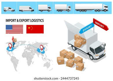 Isometric Shipping, Logistic Systems, Cargo transport. Cargo Truck transportation, delivery, boxes. Fast delivery or logistic transport. Delivery and shipping business cargo truck.