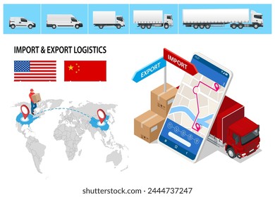 Isometric Shipping, Logistic Systems, Cargo transport. Cargo Truck transportation, delivery, boxes. Fast delivery or logistic transport. Delivery and shipping business cargo truck.