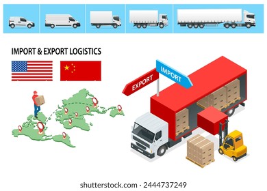 Isometric Shipping, Logistic Systems, Cargo transport. Cargo Truck transportation, delivery, boxes. Fast delivery or logistic transport. Delivery and shipping business cargo truck.