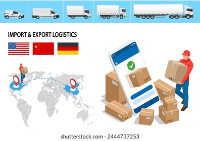 Isometric Shipping, Logistic Systems, Cargo transport. Cargo Truck transportation, delivery, boxes. Fast delivery or logistic transport. Delivery and shipping business cargo truck.