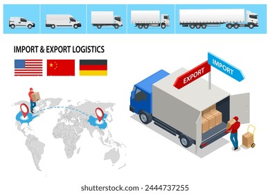 Isometrische Schifffahrt, Logistiksysteme, Frachttransport. LKW Transport, Lieferung, Boxen. Schnelle Lieferung oder logistischer Transport. Lieferung und Versand Business Fracht LKW.
