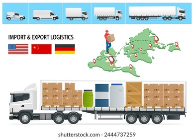 Isometric Shipping, Logistic Systems, Cargo transport. Big commercial semi truck with trailer. Cargo Truck transportation, delivery, boxes. Delivery and shipping business cargo truck.