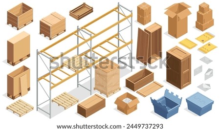 Isometric shipping packages. Closed cardboard carton boxes, open corrugated wooden crates, delivery cargo containers. Vector isolated set. Packaging of different shapes for products