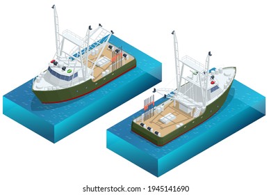 Isometric shipping seafood industry boat isolated on white background. Sea fishing, ship marine industry, fish boat. Fishing boat, fishing vessel