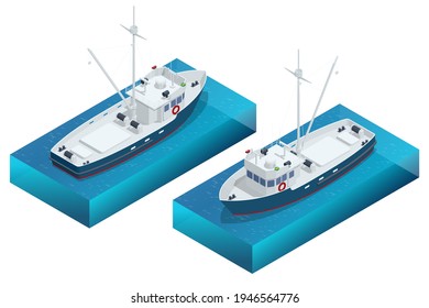 Isometric Shipping Seafood Industry Boat Or Fishing Schooner Isolated On White Background. Sea Fishing, Ship Marine Industry, Fish Boat. Fishing Boat, Fishing Vessel.