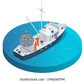 Isometric shipping seafood industry boat isolated on white background. Sea fishing, ship marine industry, fish boat. Fishing boat, fishing vessel.