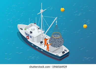 Isometric shipping seafood industry boat isolated on white background. Commercial ocean transportation Sea fishing, ship marine industry, fish boat. Fishing boat, fishing vessel.