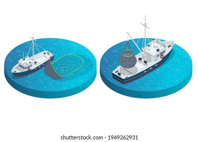 Isometric shipping seafood industry boat isolated on white background. Commercial ocean transportation Sea fishing, ship marine industry, fish boat. Fishing boat, fishing vessel.