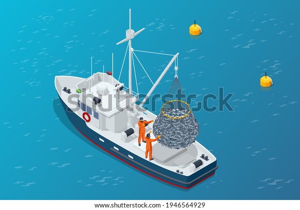 Isometric\
shipping seafood industry boat isolated on white background.\
Commercial ocean transportation Sea fishing, ship marine industry,\
fish boat. Fishing boat, fishing\
vessel.
