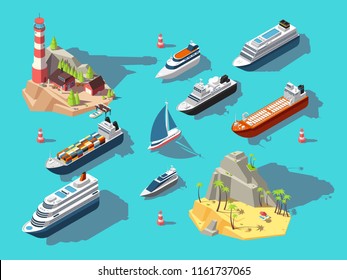 Isometric ships. Boats and sailing vessels, ocean tropical island with lighthouse and beach. 3d vector illustration. Boat nautical, sailboat and yacht in ocean