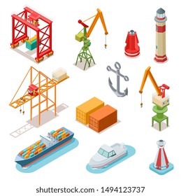 Isometric ships. Sea transport maritime terminal shipping logistics port seaport crane ship shipping nautical barge 3d vector set