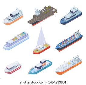 Isometric ships. Vessels shipping nautical boats barge commercial ship sea business marine sailing yacht ferry 3d vector shipment set. Ferry isometric, water marine transport collection illustration