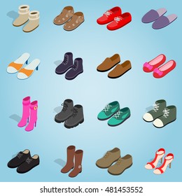 Isometric shoe set icons. Universal shoe icons to use for web and mobile UI, set of basic shoe elements vector illustration