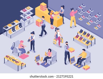 Isometric shoe store composition sales consultants serve customers and help them try on shoes in the store vector illustration