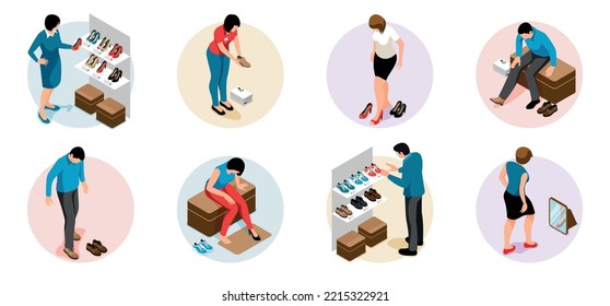 Isometric shoe store concept set with people choosing trying and buying footwear isolated vector illustration