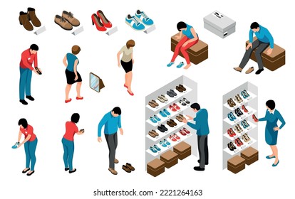 Isometric shoe store icons set with men and women choosing footwear isolated vector illustration