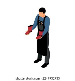Isometric shoemaker composition with isolated human character of shoe repairman on blank background vector illustration