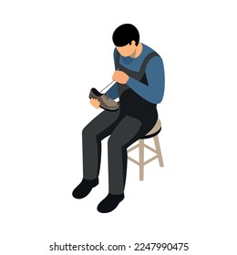 Isometric shoemaker composition with isolated human character of shoe repairman on blank background vector illustration
