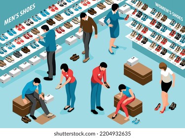 Los zapatos isométricos almacenan la composición con visión interior de estantes con botas y personajes humanos encajando mercancías ilustración vectorial