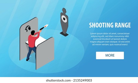 Isometric shooting range horizontal banner with human character firing gun to placard target with editable text vector illustration
