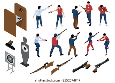 Isometric Shooting Range Icon Set With Isolated Human Characters Images Of Guns And Targets With Holes Vector Illustration